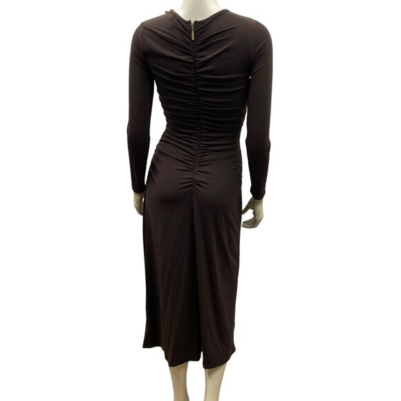 MICHAEL KORS $145 Brown Ruched Long Sleeve Midi‎ Dress With V-Neckline SM NWT - Picture 9 of 12